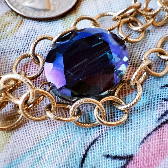 Midnight Blue Iridescent Oil Slick Faceted Glass Crystal Gold Tone Triple Strand - Picture 8 of 10